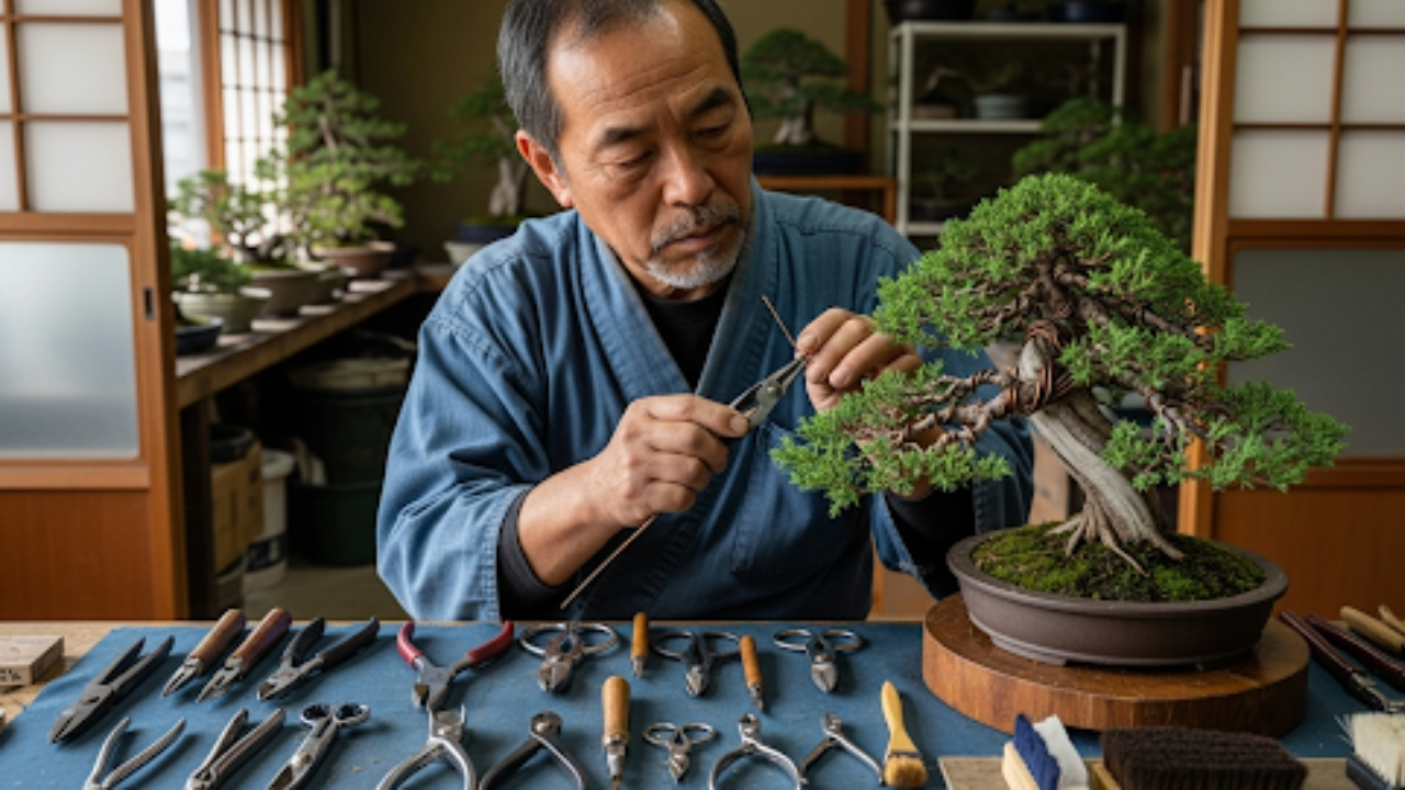 盆栽作家が盆栽の手入れをしている様子