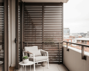 モダンなマンションのベランダ。椅子とテーブルが置かれ、目隠しのために茶色いルーバーが設置されている。