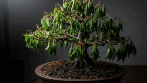 土は湿っているにもかかわらず、桜盆栽全体が突然、力なくぐったりとしおれてしまった立ち枯れ病の症状。