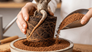 根の整理が終わった桜盆栽を、新しい赤玉土を入れた鉢に植え付けている様子。