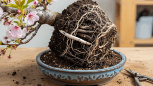 鉢から抜いた桜盆栽の根鉢。一部に白い健康な根が見えるが、大半は黒く変色した根腐れの症状。