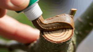 桜盆栽の枝の切り口を病原菌から守るため、チューブから出した癒合剤を隙間なく丁寧に塗っている様子。