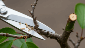 清潔なハサミを使い、桜盆栽の枯れた枝を、生きている緑色の部分の少し上で正確に切り落としている手元。