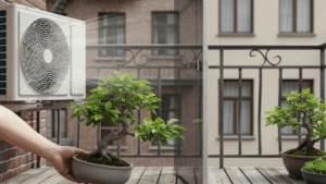 エアコン室外機の熱風が当たる場所から、風通しの良い穏やかな場所へ桜盆栽を移動させている。