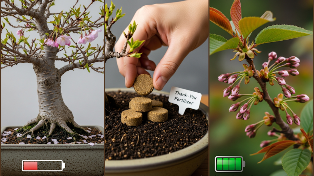 花が終わって体力を消耗した桜盆栽に「お礼肥」を与えることで、エネルギーが回復し、来年のための花芽が形成されるプロセスを示したインフォグラフィック。
