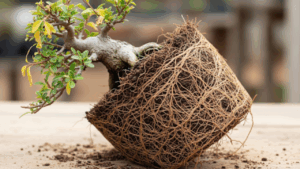 鉢から抜いた桜盆栽の根が鉢の形に固まっており、植え替えが必要な「根詰まり」の状態を示している。