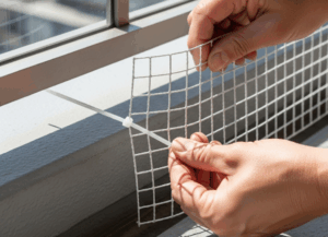 ベランダの窓枠のような場所に、結束バンドを使って白い格子状のネットを取り付けている手元。