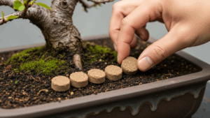 桜盆栽の土の上に、油かすなどの固形有機肥料を、幹の根元を避けて配置している様子。