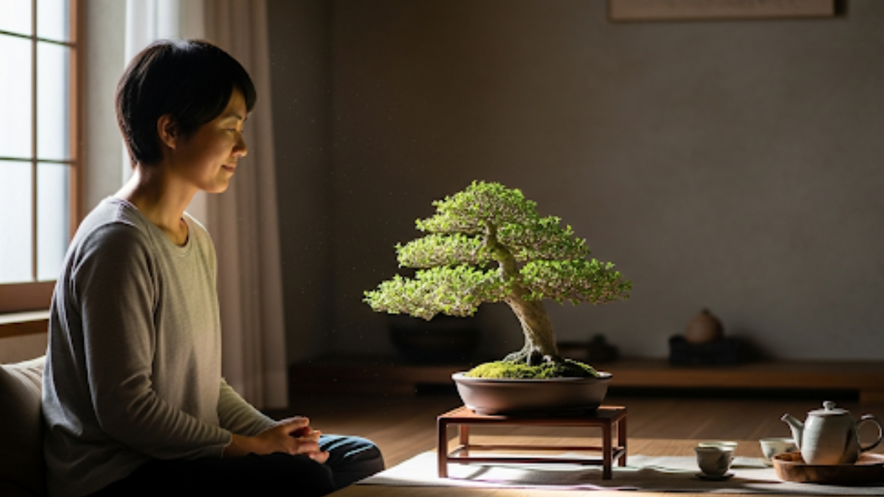 窓辺に置かれた盆栽を眺めてリラックスしている人物のイメージ