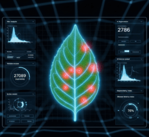 AIが植物の葉の病変部をセグメンテーション技術で自動検出している様子のイラスト