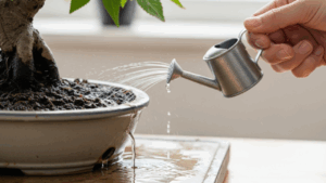 桜盆栽の鉢底から水が流れ出るまで、ハスの口のじょうろで土全体にたっぷりと水やりをしている様子。