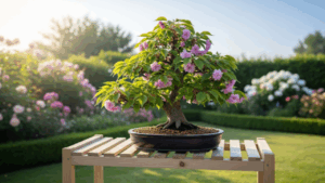 風通しが良く、朝日が優しく当たる屋外の棚に置かれた、健康的な桜盆栽の理想的な置き場所。