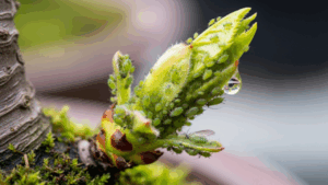 桜盆栽の柔らかい新芽に、緑色のアブラムシがびっしりと群がっている様子のクローズアップ。