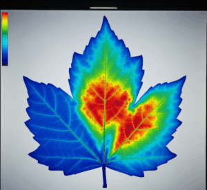 特殊な赤外線カメラで植物の葉の水分量やタンパク質含有量を分析している様子のイラスト