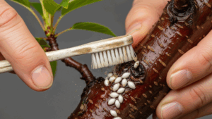 桜盆栽の枝に付着した白いカイガラムシを、歯ブラシを使って物理的にこすり落としている駆除作業。