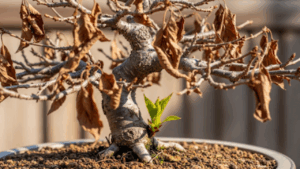 葉がすべて茶色く枯れた桜盆栽の幹の根元から、力強く新しい緑色の芽が芽吹いている様子。復活の可能性を示している。