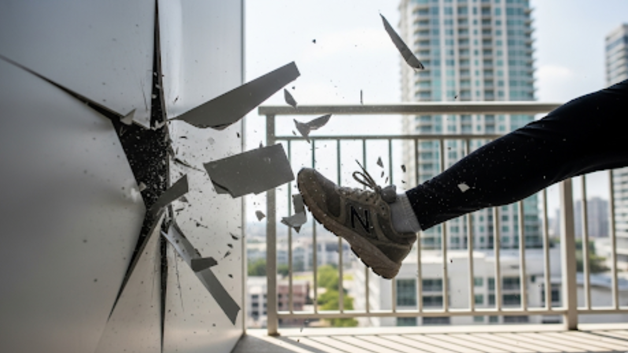 マンションのベランダで、隣家との仕切り板(隔て板)を人が足で蹴り破っている瞬間の画像。非常時にはこの板を破壊して隣に避難することを示している。