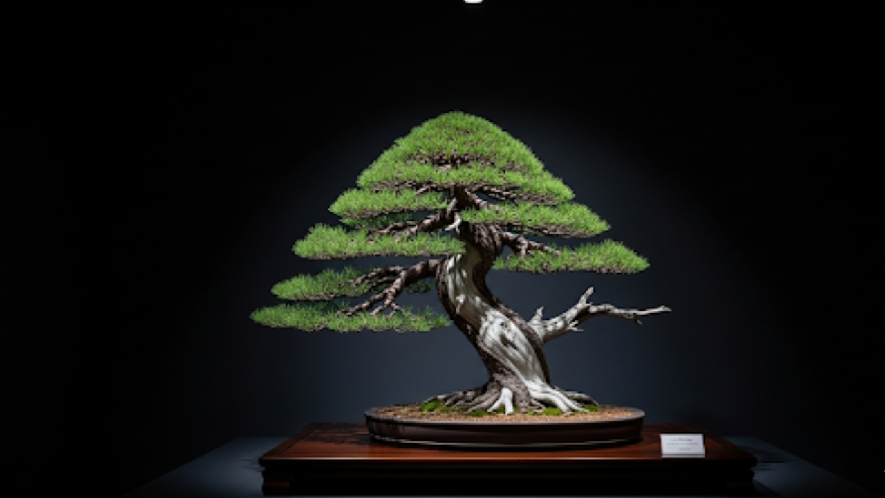美術館に展示された荘厳な1億円クラスの五葉松盆栽のイメージ