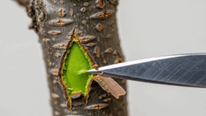 カッターの先端で桜盆栽の幹の茶色い樹皮をわずかに削り、その下に鮮やかな緑色の形成層が見えている様子。