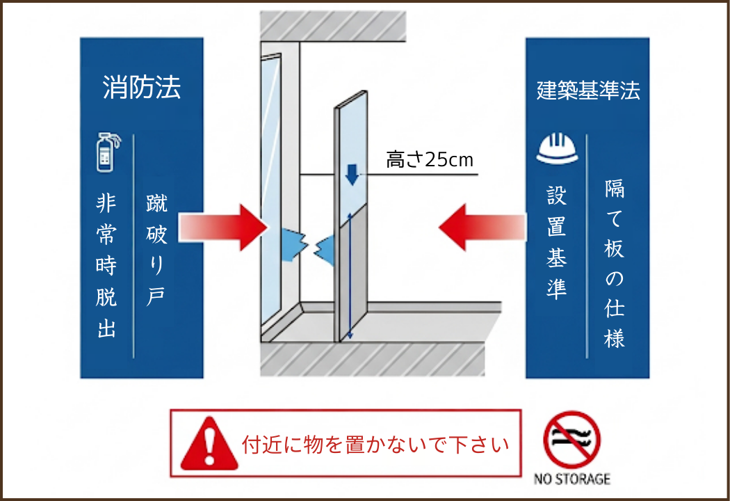 マンションのベランダにある隔て板(蹴破り戸)の役割と注意点を説明する図解。「消防法」に基づく非常時の脱出口であることと、「建築基準法」で仕様が定められていることを示している。中央には隔て板を破って避難するイラストがあり、下部には「付近に物を置かないで下さい」という警告文と、物を置くことを禁止するマークが記載されている。
