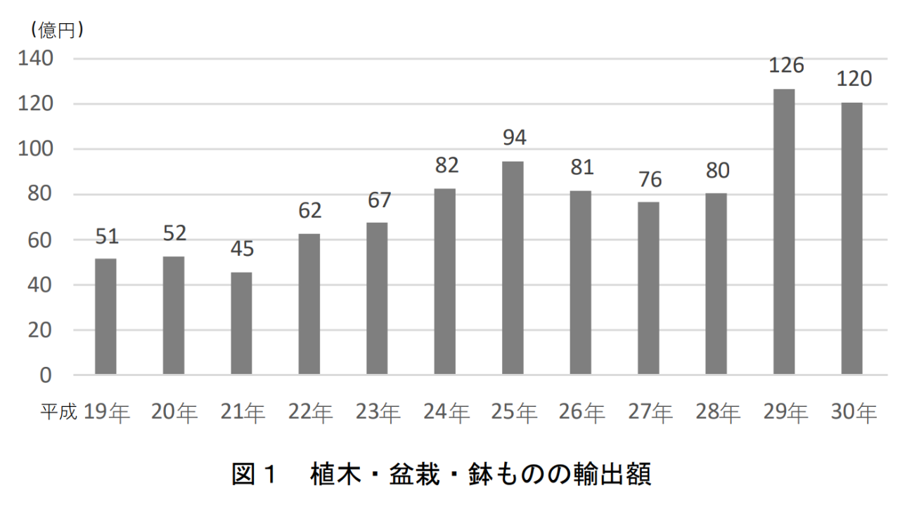 日本の植木・盆栽・鉢ものの輸出額の推移を示す棒グラフ（平成19年〜30年）
