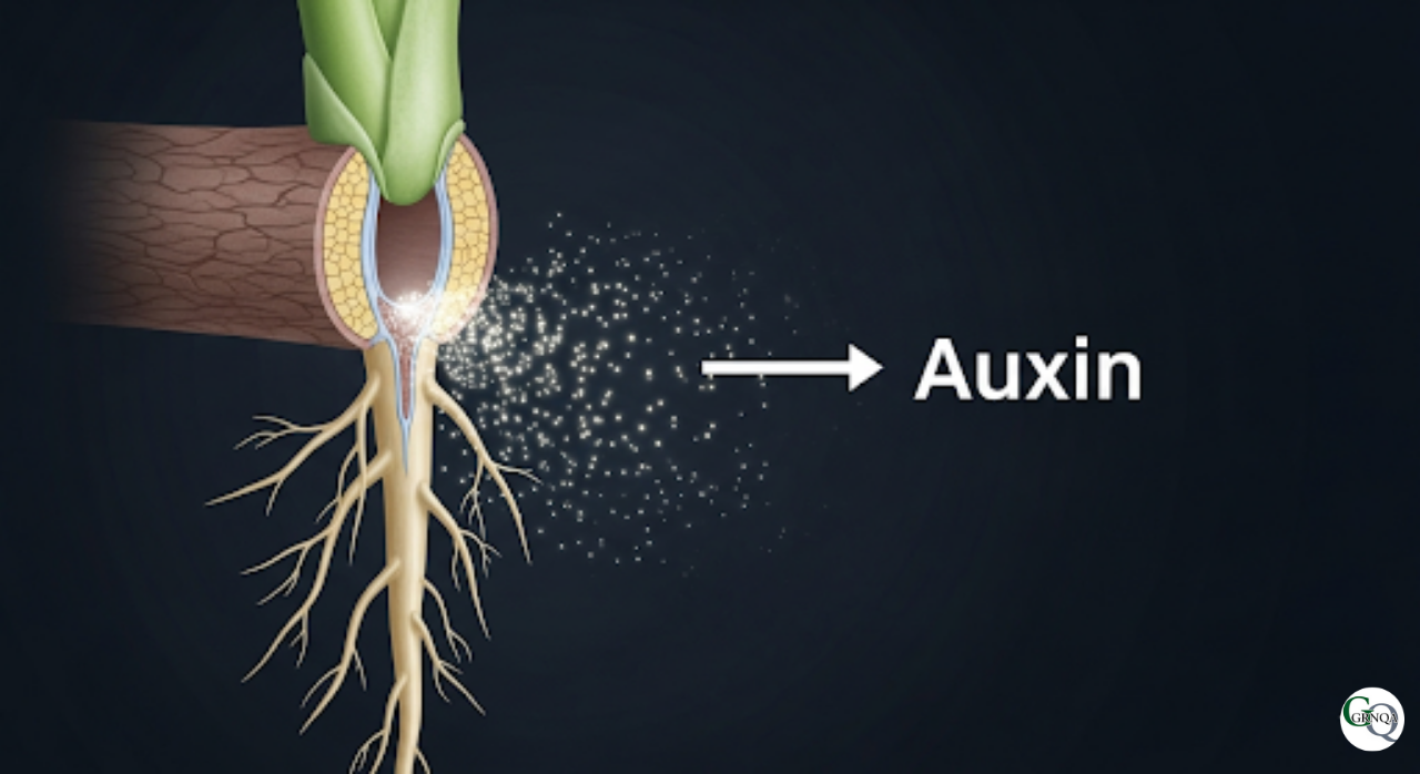 根切りによって植物ホルモン「オーキシン」が活性化する様子の模式図
