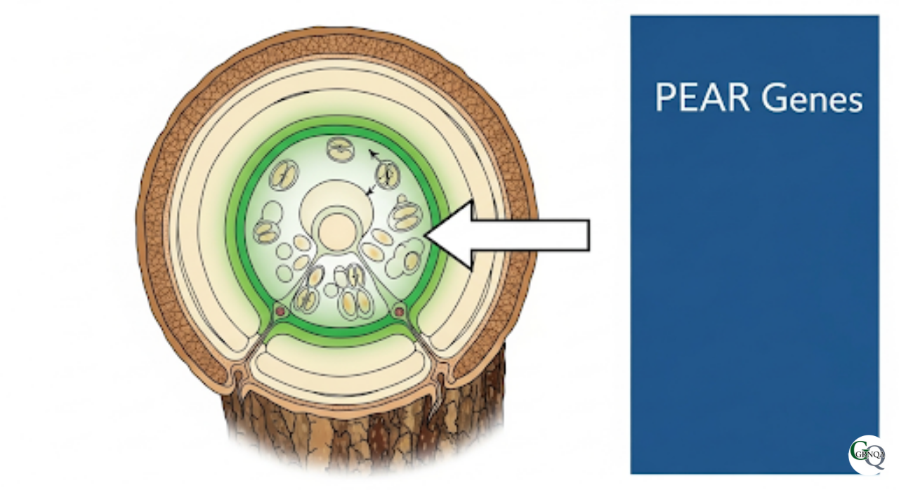 幹の形成層でPEAR遺伝子が細胞分裂を活性化させるイメージ図