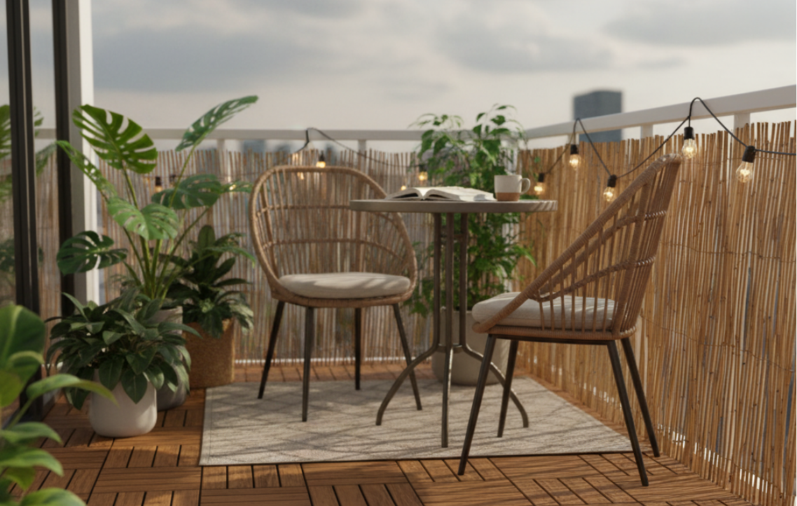 ウッドデッキタイルでおしゃれなカフェ風になったベランダ