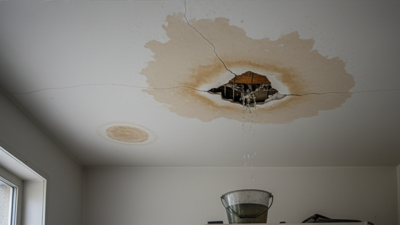 ベランダからの雨漏りでシミになった天井