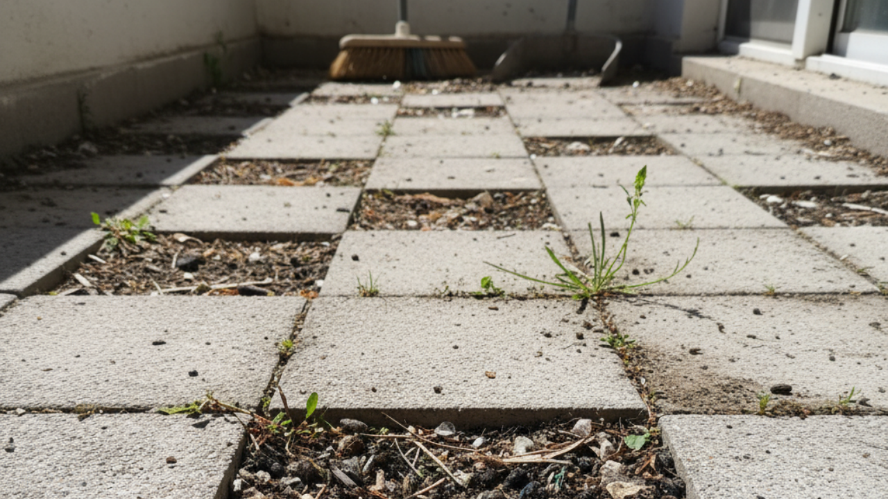 ベランダタイルの隙間に溜まったゴミと虫の死骸