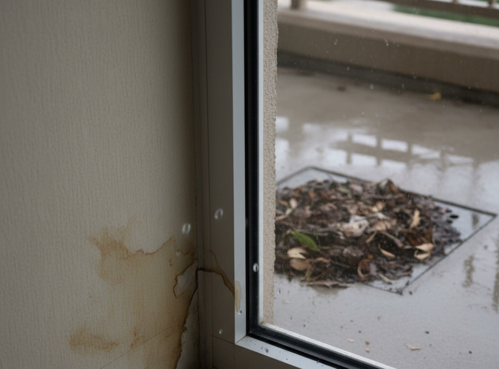 排水不良によりサッシ下から室内に雨漏りしている様子