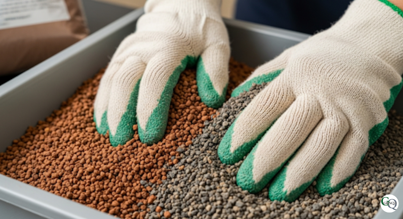 赤玉土と桐生砂を混ぜてザル育成用の用土を準備している様子