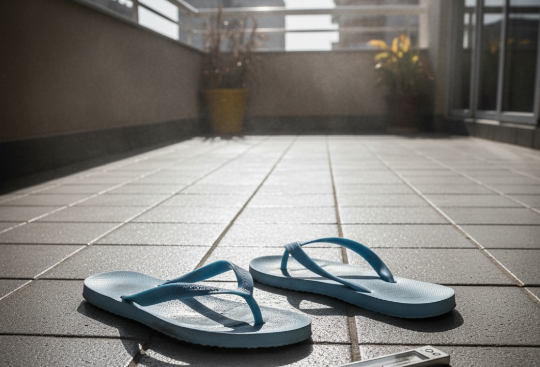 夏の直射日光で高温になったベランダタイルと溶けたサンダル