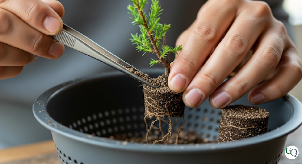 盆栽の苗木をザルに丁寧に植え付けている作業風景