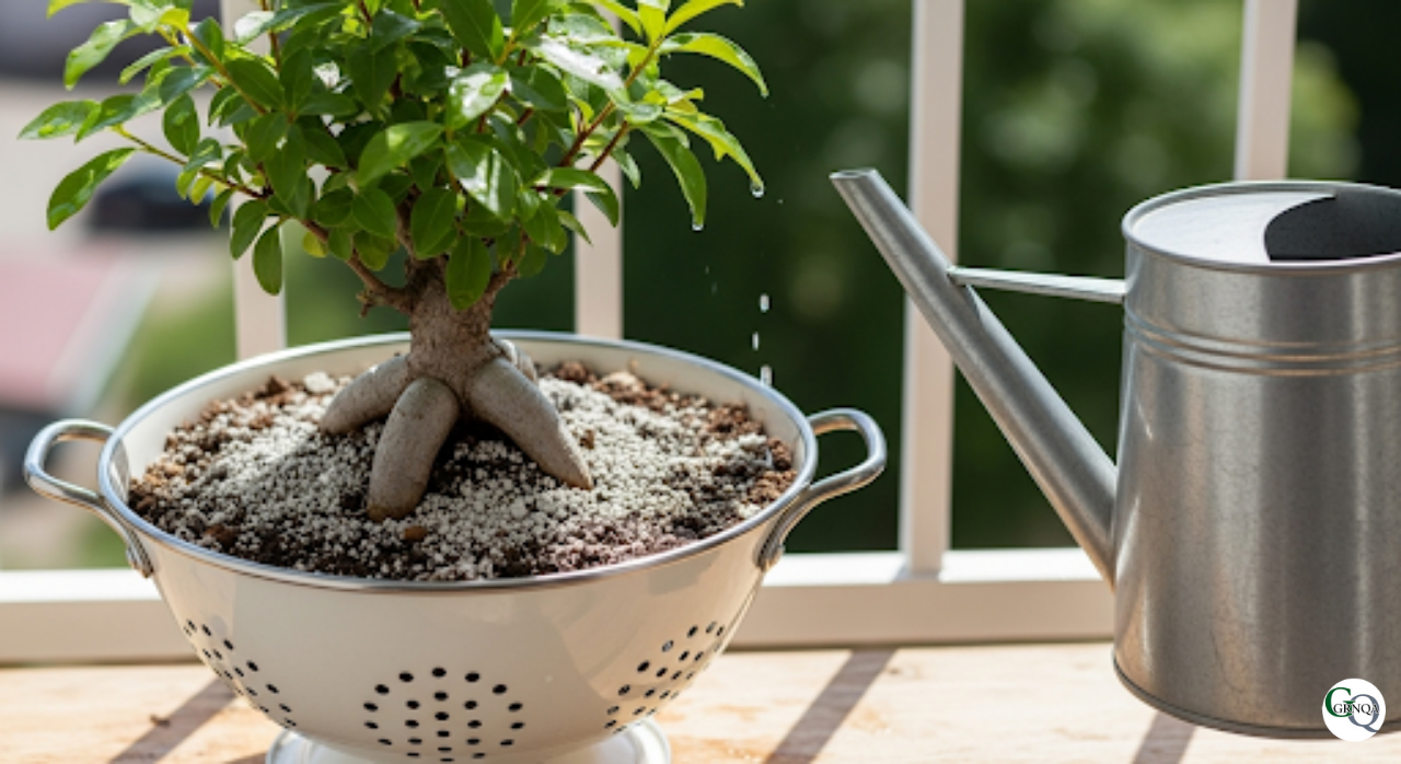 夏場に土が乾きやすいザル盆栽と水やり用の如雨露