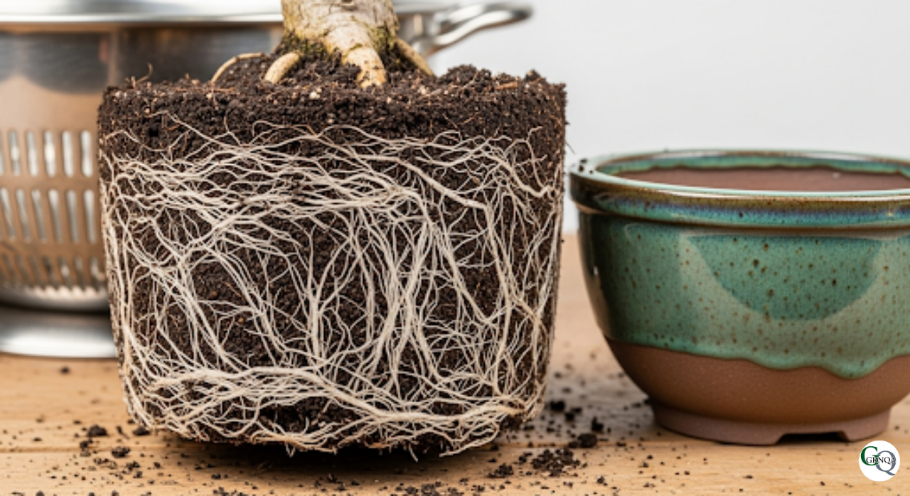 ザルの中でびっしりと張った健康的な根鉢と植え替え先の鑑賞鉢