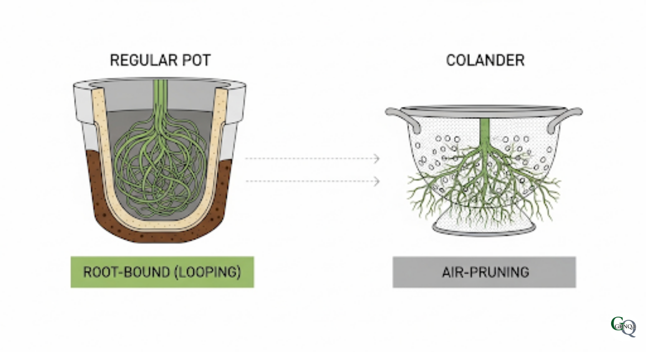 盆栽のザル育成におけるエアープルーニングの仕組みを図解で比較