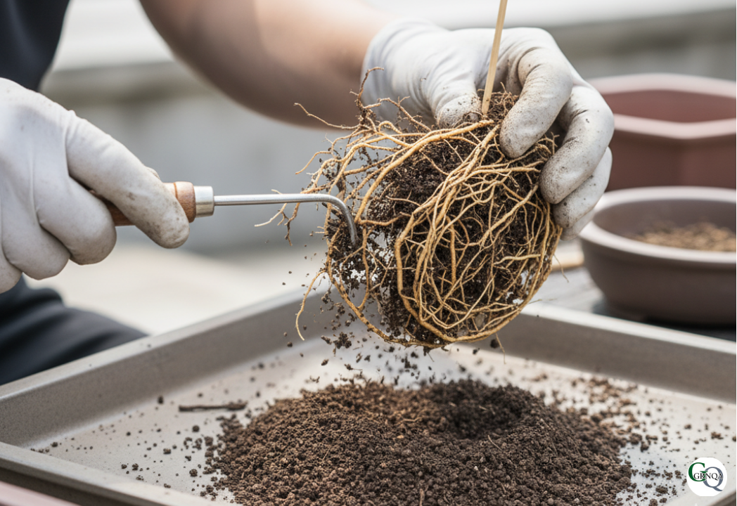 根かき棒を使い、盆栽の古い土を落とす作業