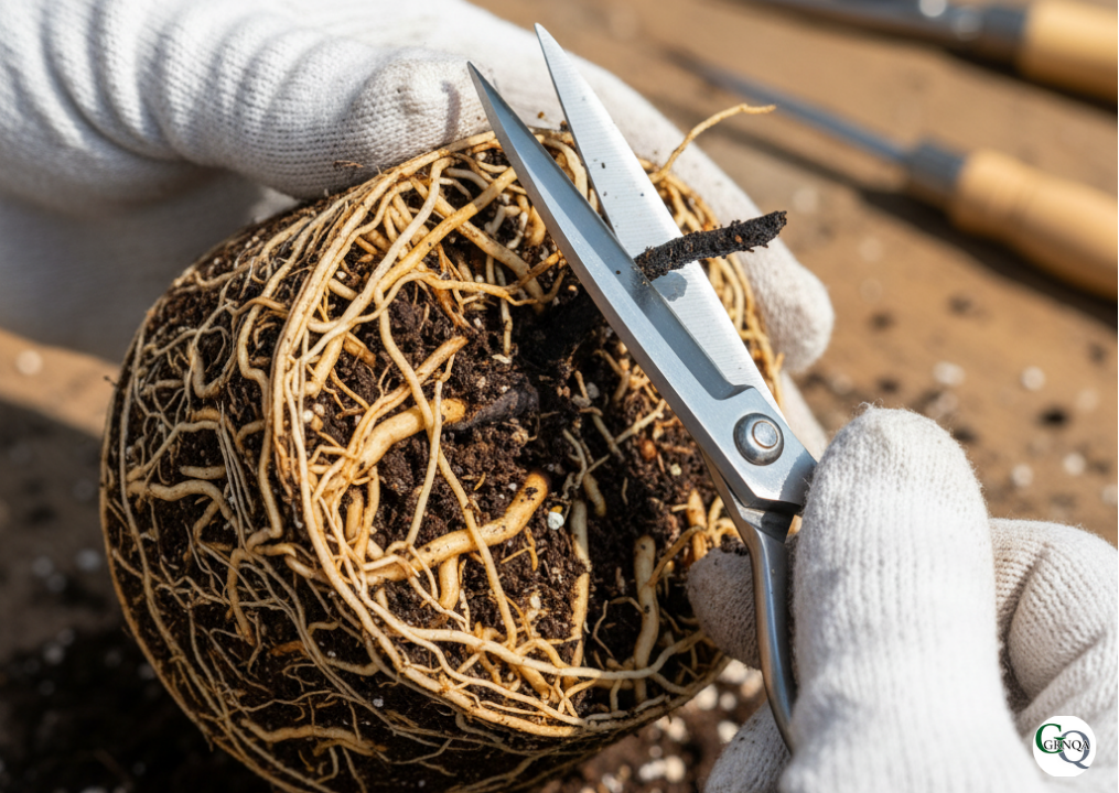 清潔なハサミで腐った根を切り取る作業の様子