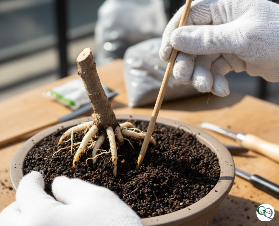 新しい用土で盆栽を植え付ける作業