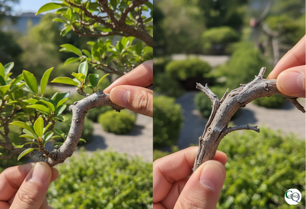 生きている枝としなやかさを失った枯れ枝の比較