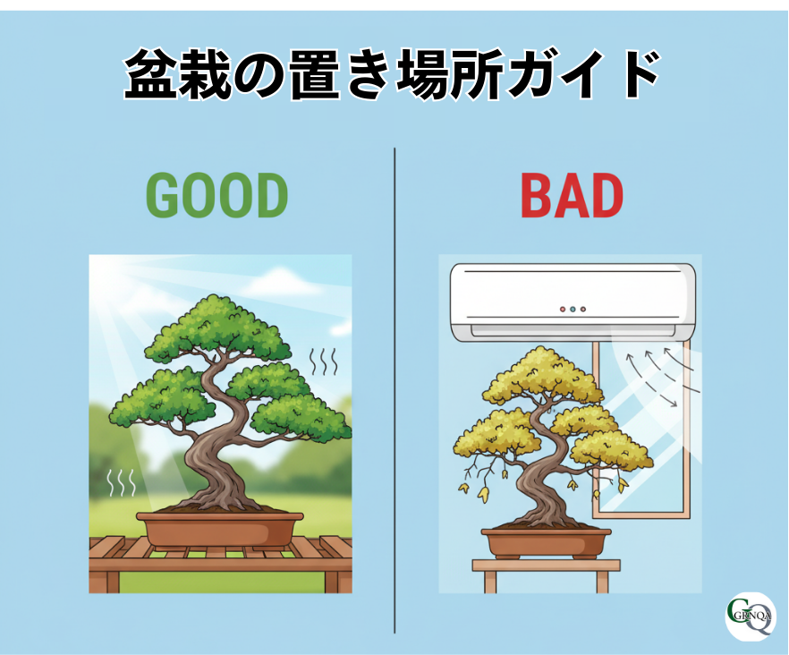 黒松盆栽の適切な置き場所と不適切な置き場所の比較イラスト
