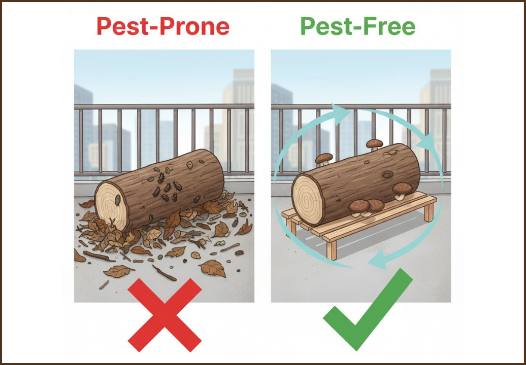 虫がわきやすい不潔なベランダと、わきにくい清潔なベランダの比較イラスト。