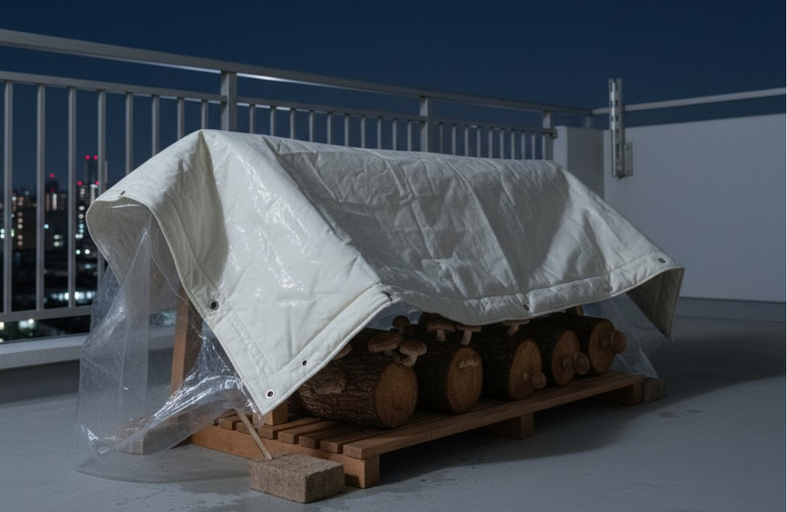 夜間に不織布やビニールシートで保温対策をされたベランダのしいたけ原木。