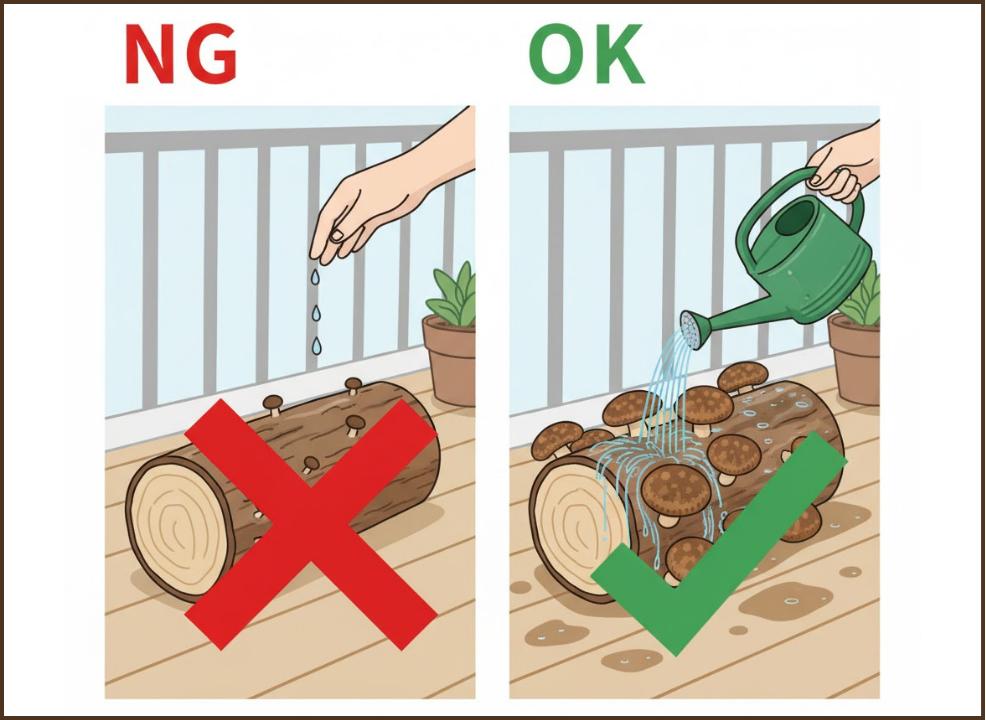 しいたけ原木への正しい水やりと間違った水やりの比較イラスト。