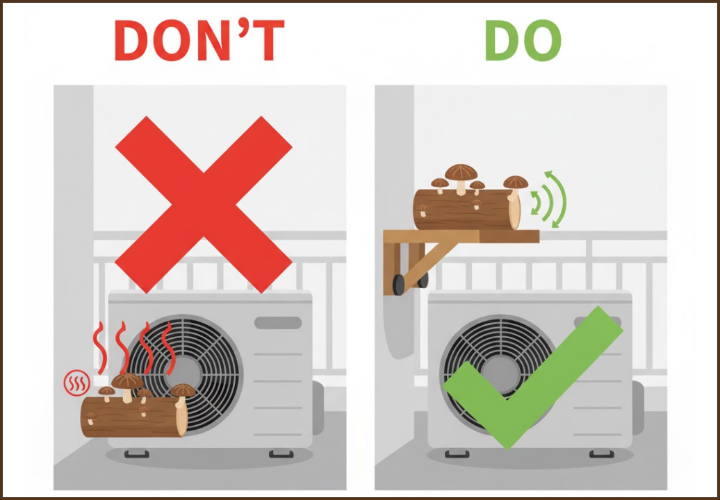 エアコン室外機近くの原木の置き方を示した図解。