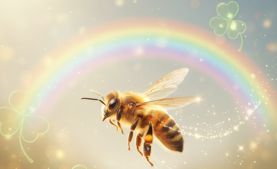 幸運の象徴として輝きながら飛ぶミツバチのイラスト
