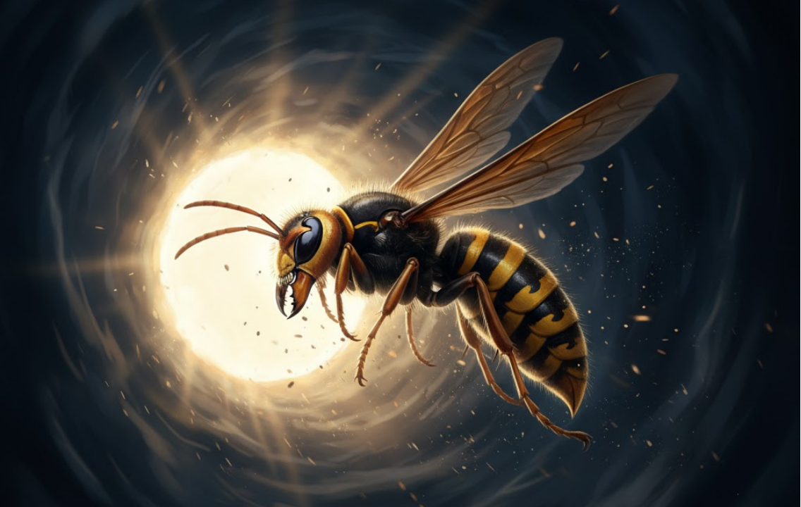 暗闇から光に向かって飛ぶスズメバチの力強いイラスト