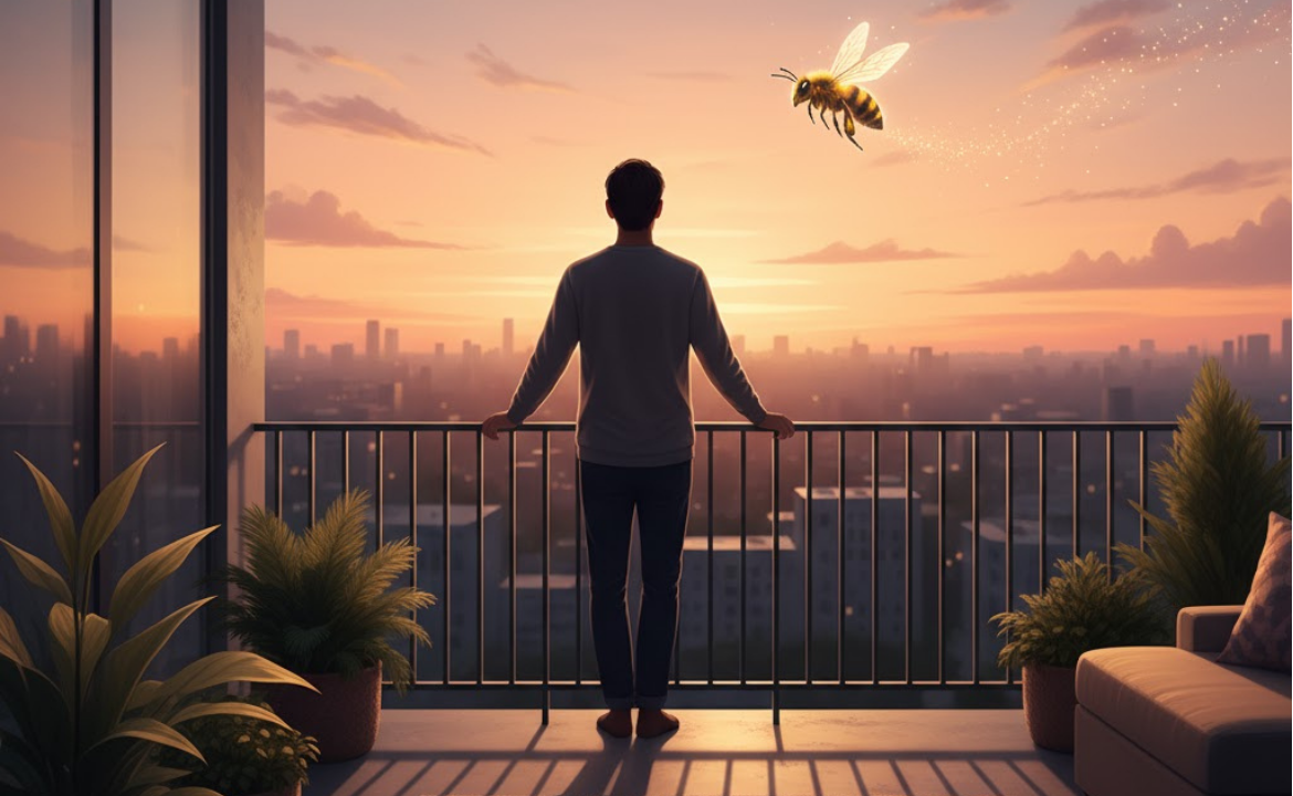 夕暮れのベランダで、未来を象徴するように飛ぶ蜂を眺める人物のイラスト