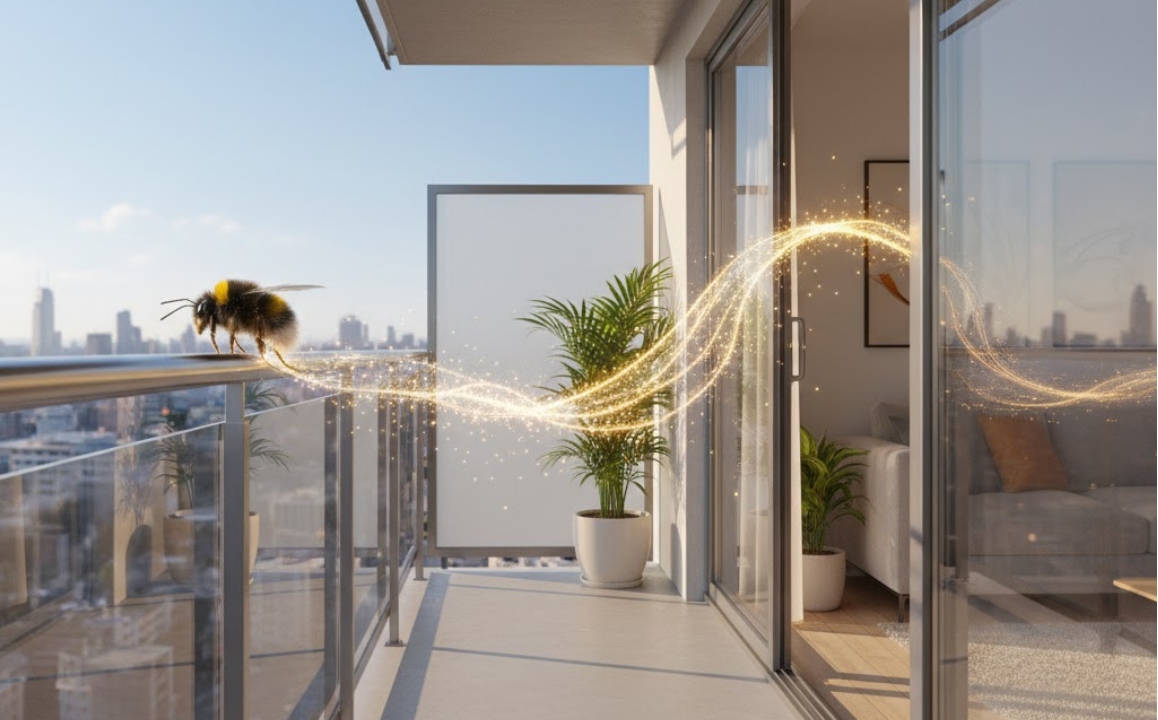 ベランダの手すりにとまる蜂から、部屋の中に光の道が伸びている様子